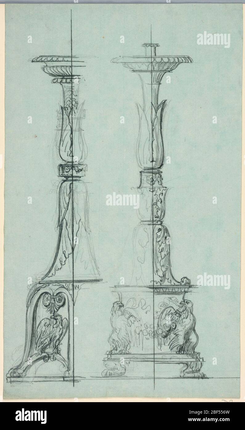 Deux modèles pour chandeliers. Rectangle vertical. Deux chandeliers affichés l'un à côté de l'autre. Le chandelier à gauche n'a que le côté gauche entièrement exécuté, le chandelier à droite n'a que le côté droit entièrement exécuté. Banque D'Images