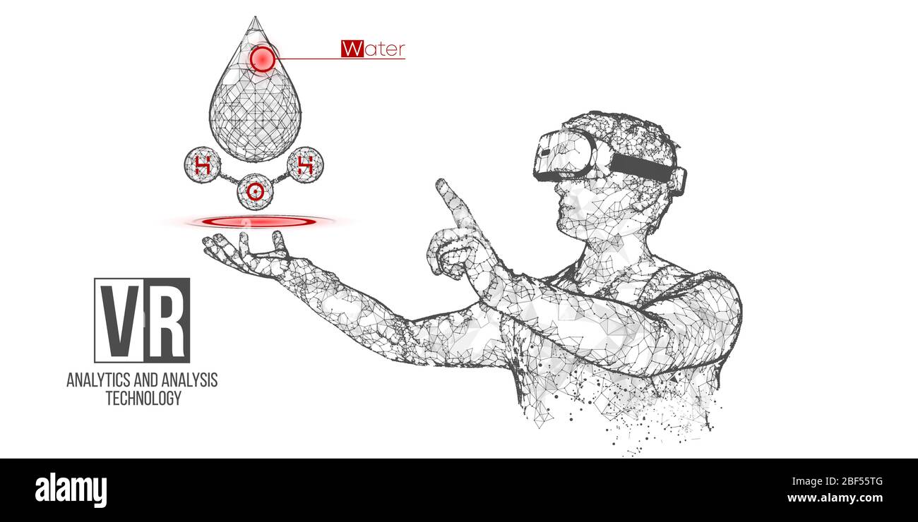 Bannière vectorielle de casque filaire VR. Homme polygonal portant des lunettes de réalité virtuelle, avec holographie de l'eau. Science, diagnostics, analyse virtuelle Illustration de Vecteur