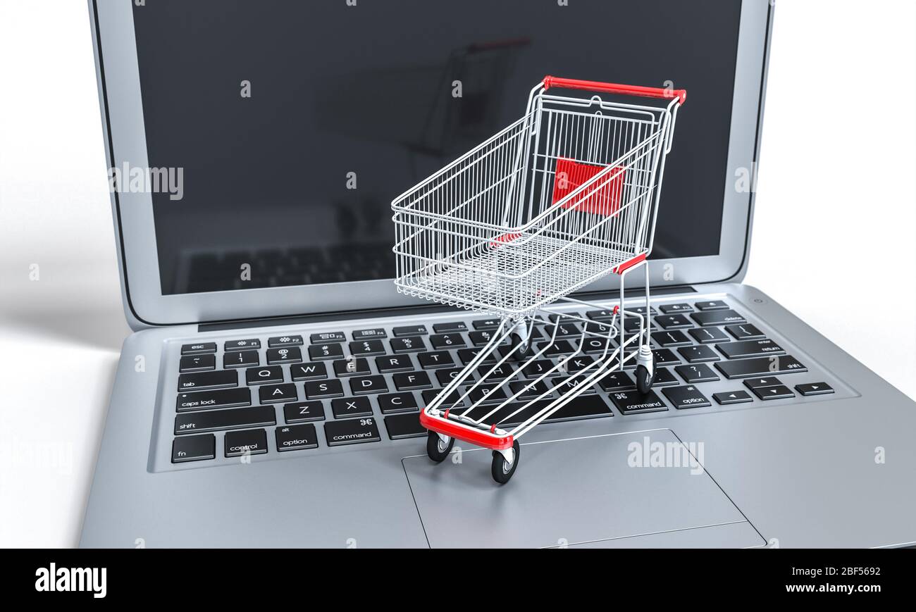 panier sur un clavier d'ordinateur portable. achat en ligne et concept de commerce électronique. rendu en relief. personne autour Banque D'Images