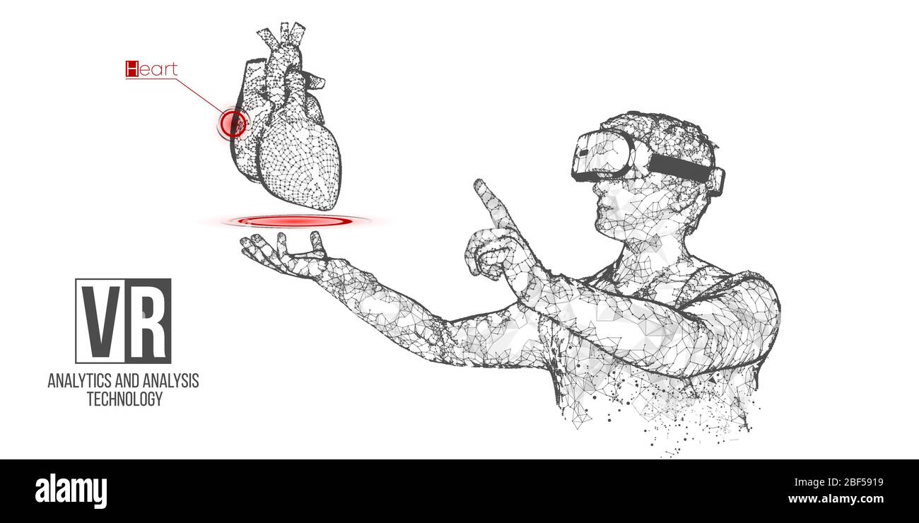 Bannière vectorielle de casque filaire VR. Homme polygonal portant des lunettes de réalité virtuelle, avec holographie du cœur. Science, diagnostics, analyse virtuelle Illustration de Vecteur
