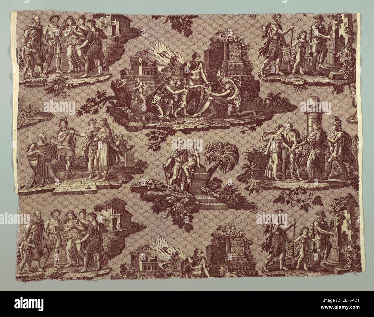 Textile. Panneau, coton, imprimé sur plaque de cuivre, toile de Jouy, en violet, montrant des scènes de l'Histoire de Balisaire, signé par Philippe Wyngaert. Banque D'Images