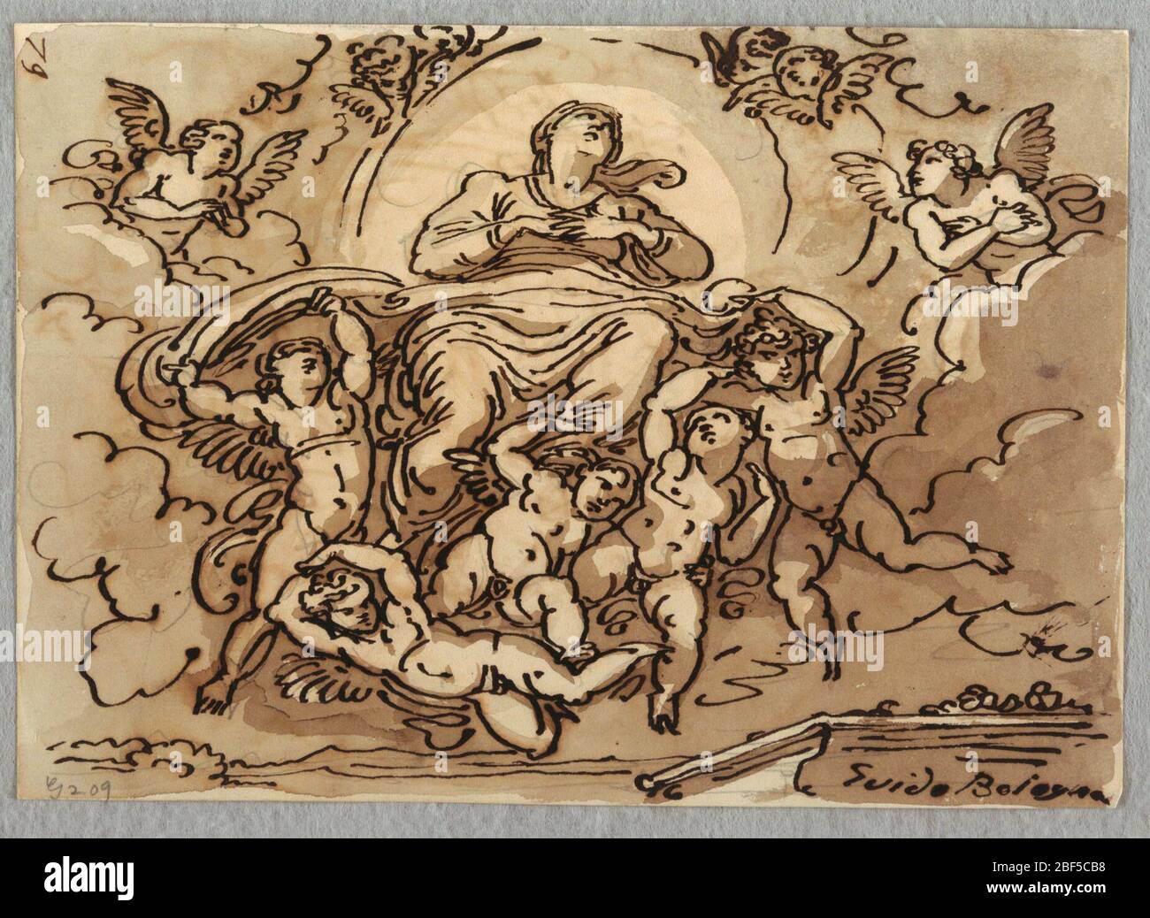L'Annonciation de la Vierge après Guido Reni. Sur le verso: Vierge ascendante avec des anges et un sibyle et Saint Jean Baptiste Banque D'Images