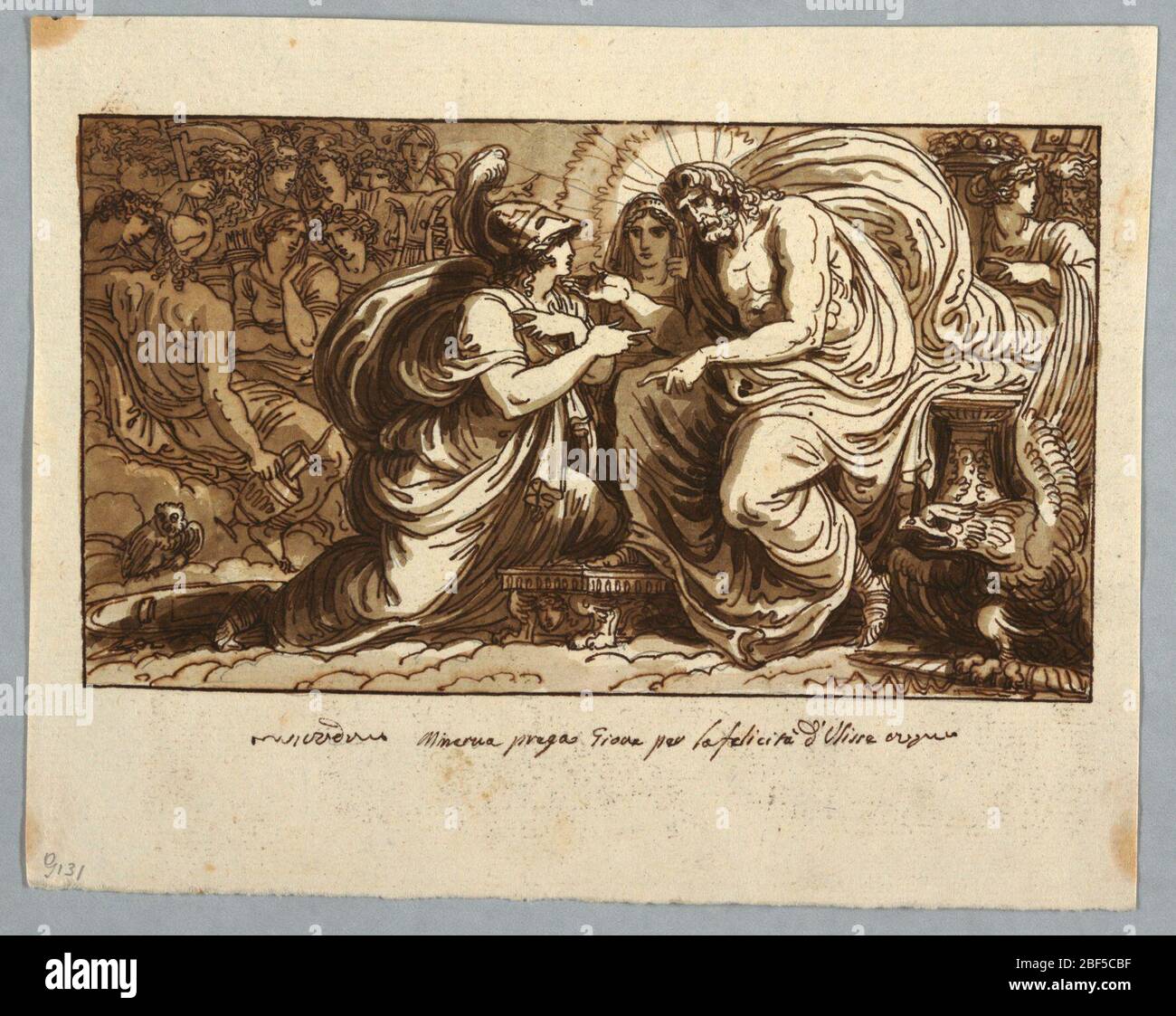 Feuille d'un Esquissebook Minerva demander à Jupiter pour le bonheur d'Ulysses ou Minerva questions Jupiter sur le destin d'Ithaca. Minerva est montré à genoux avant Jupiter qui penche vers elle et touche son menton. Juno se trouve à côté de Jupiter. D'autres dieux sont dans l'arrière-plan à gauche. Banque D'Images
