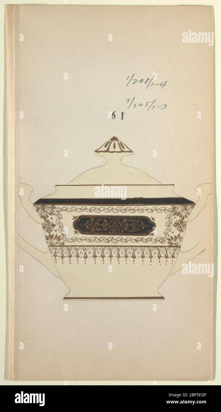 Motif pour un bol à sucre. Design pour un bol à sucre avec une bordure noire et or; au centre une cartouche en noir contenant de la décoration florale dorée; entourant ceci est bordure de feuille et décoration florale supplémentaire; deux poignées incurvées (partielle). Banque D'Images