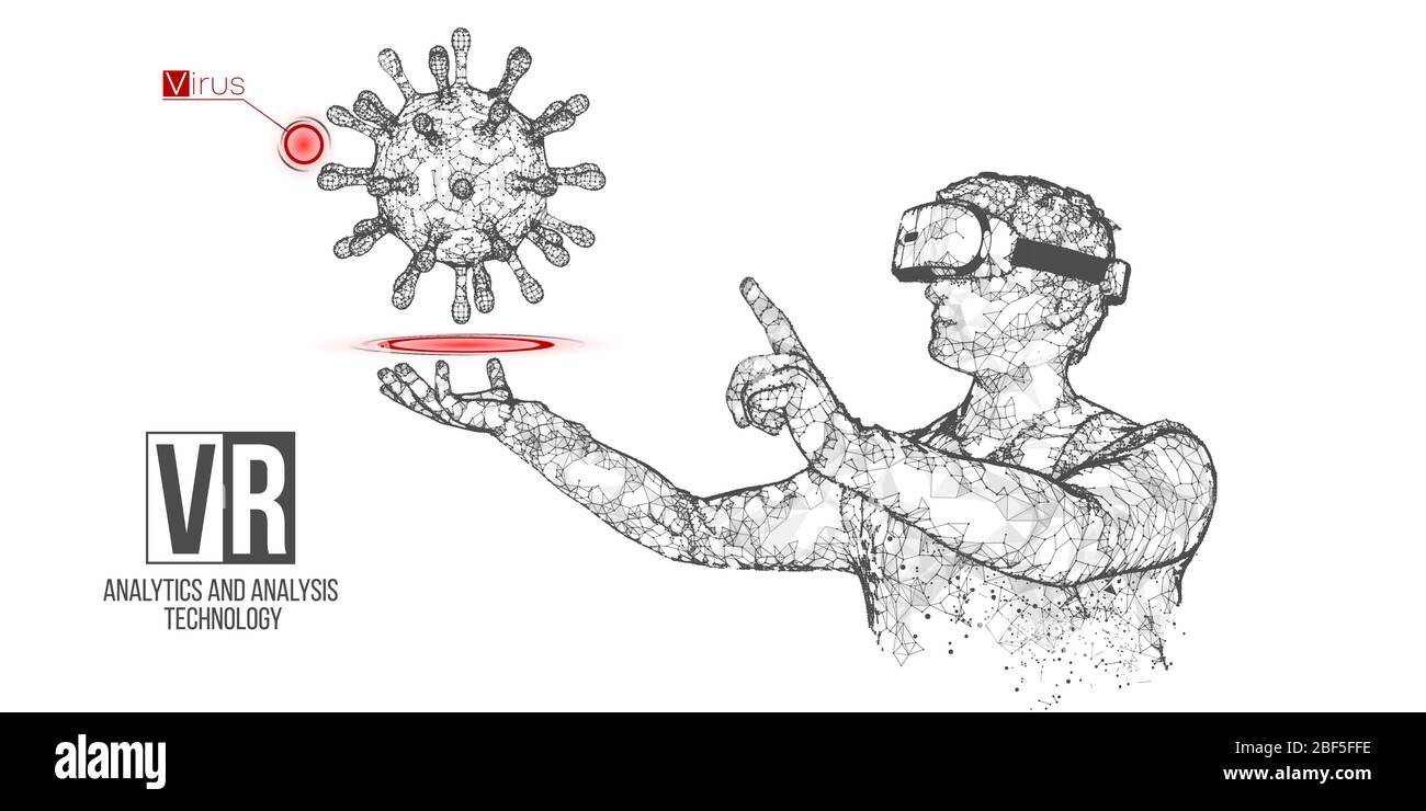 Bannière vectorielle de casque filaire VR. Homme polygonal portant des lunettes de réalité virtuelle, avec holographie de virus. Science, diagnostics, analyse virtuelle Illustration de Vecteur