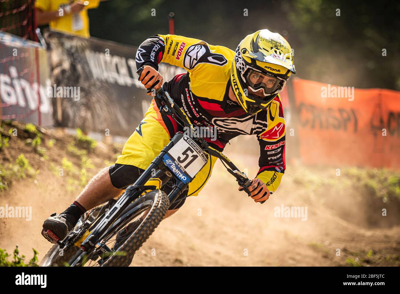 VAL DI SOLE, TRENTIN, ITALIE - 22 AOÛT 2015. Mick Hannah (AUS) course pour Team Polygon UR à la coupe du monde UCI Mountain Bike Downhill Banque D'Images
