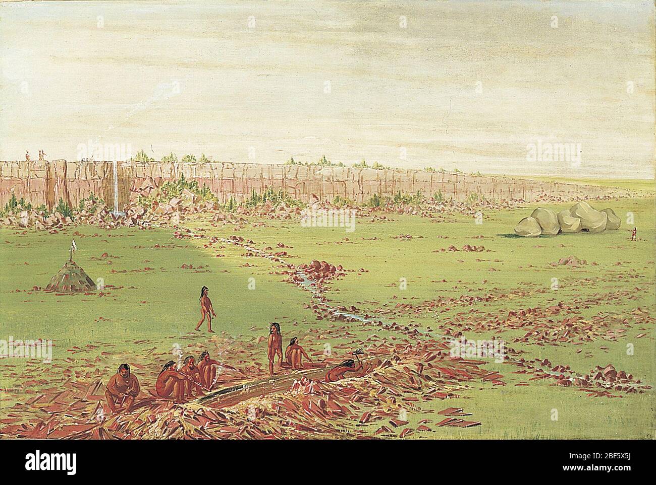 Carrière de Pipestone sur le Coteau des Prairies. George Catlin fit ce croquis en 1836, lorsqu’il fit son voyage bien documenté à la carrière de Pipestone dans le Minnesota d’aujourd’hui, où les Indiens des plaines ont récolté la stéatite rouge pour fabriquer leurs bols à pipe. Banque D'Images