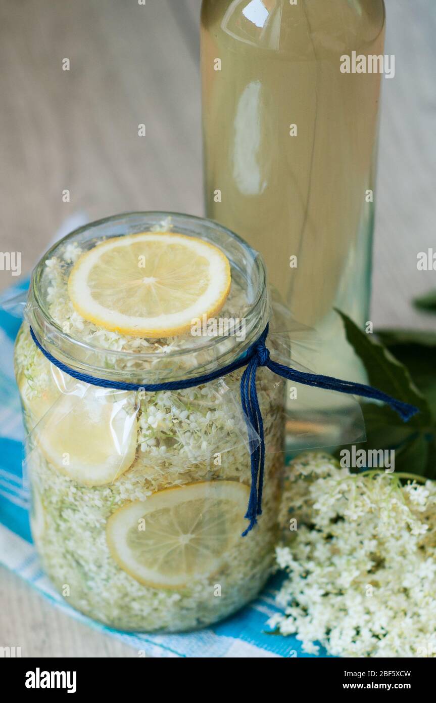 maison fait sirop de fleur de sureau avec citron dans le verre Banque D'Images