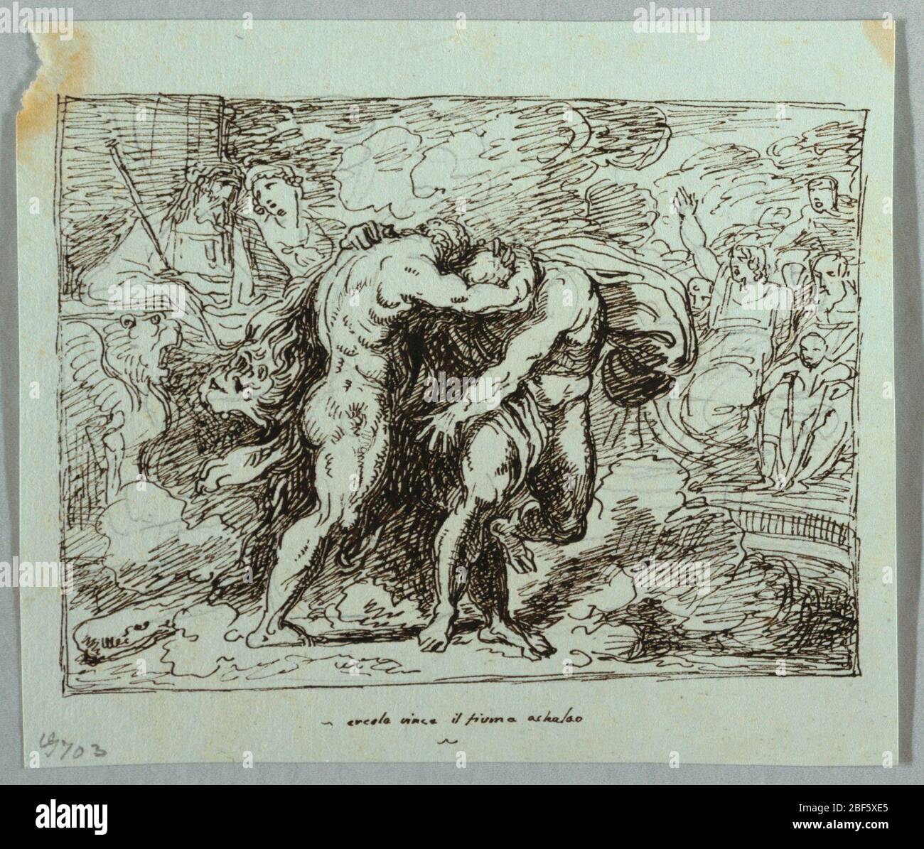 La lutte entre Hercules et le Dieu de la rivière Achelous. Deux hommes ont montré la lutte. Projecteurs illustrés à gauche et à droite. Banque D'Images