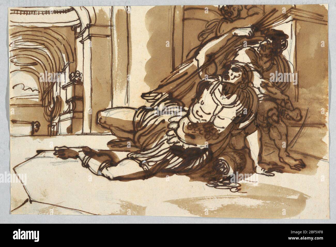 Deux études de Sybils. Dessin supérieur de Sybil assis, face à l'avant, flanqué de putti, un avec tablette. Dessin inférieur de Sybil assis, avec deux putti au centre tenant la tablette. Banque D'Images