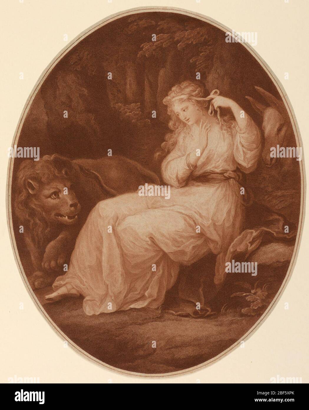 L'una et le Lion de la Reine des Spenseurs Feyrie. La figure pleine longueur d'une femme assise, tournée vers la gauche. Elle lui lie les cheveux avec un ruban. Un lion est à côté d'elle, à gauche; un âne derrière elle. Bordure étroite de l'encadrement. Banque D'Images