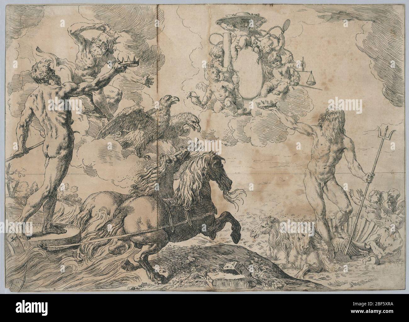 Qui Ije la scène mythique de la figurale. Les dieux romains Jupiter (identifiés par les aigles), Neptune (identifié par trident) et Pluton (dessiné par les chevaux) rendent hommage, en levant leurs couronnes aux bras du Cardinal Borghese, dans l'air sur un nuage. Banque D'Images