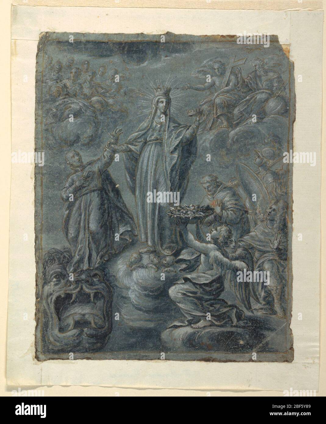 Recto couronnement de la Vierge. Recto: La Vierge se tient sur un nuage au centre de la composition, tenant une couronne. Elle est entourée de part et d'autre par des visiteurs portant des cadeaux. Dans le fond, Dieu le Père se trouve face à la scène. Banque D'Images