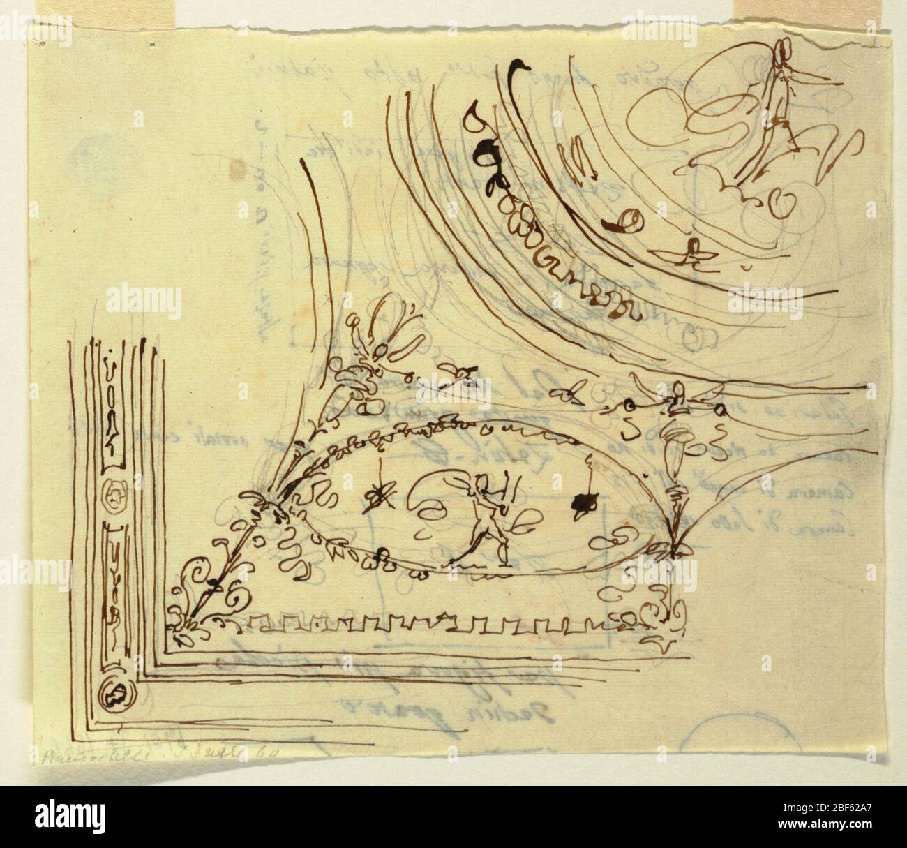 Design pour un quartier d'un plafond avec une décoration circulaire centrale. Rectangle horizontal. Un-huit de décoration montré. Centre: Médaillon circulaire, probablement avec Aurora, encadré par un cercle avec des signes et moulures de Zodiac. Banque D'Images