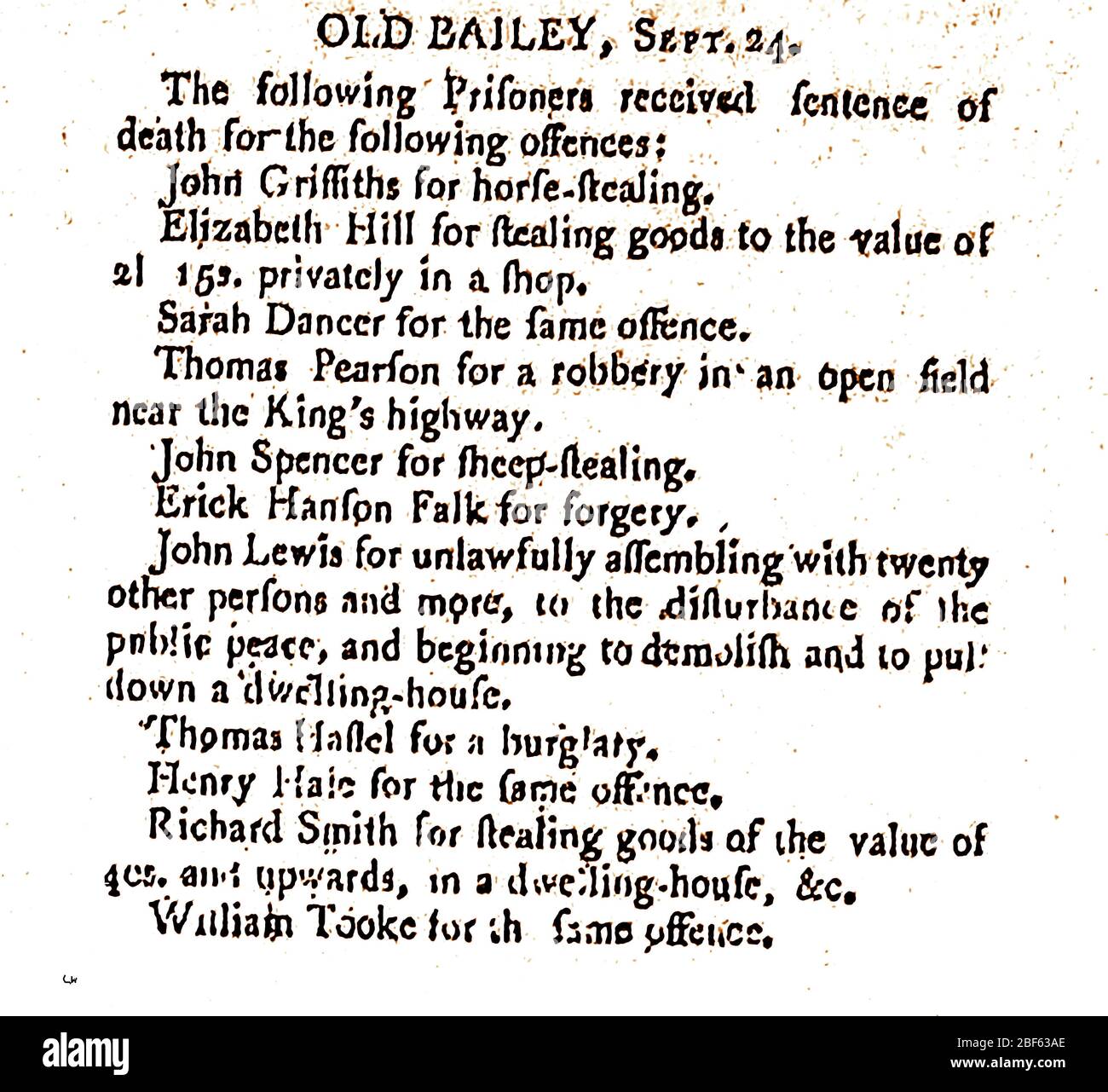 LOI & ORDRE - une presse anglaise du XVIIIe siècle, qui a réduit la peine capitale (peine de mort) pour crimes de vol au Old Bailey, Londres Banque D'Images