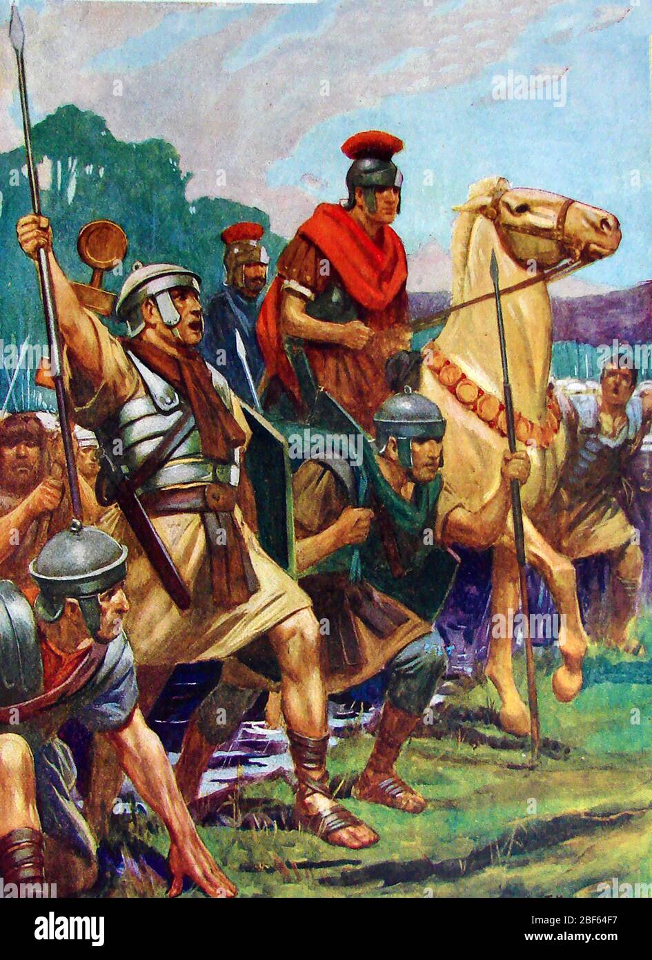 Circa 1940, illustration couleur montrant l'armée de Jules César franchissant la rivière Rubicon le Janvier 49 BC précipitant la guerre civile Romaine Banque D'Images