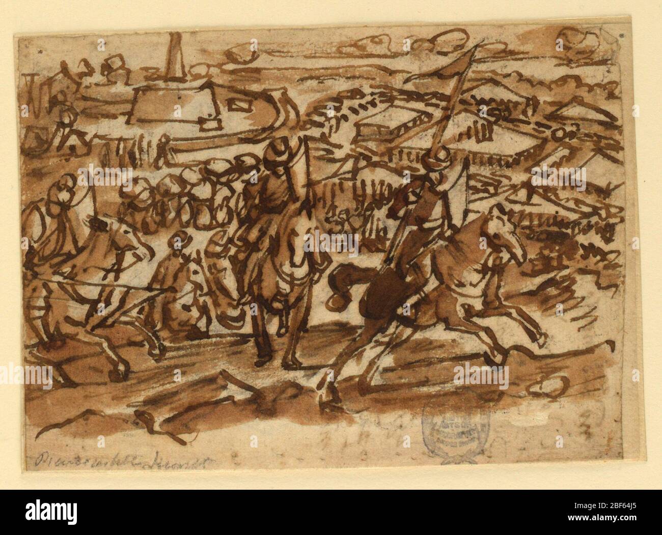 La retraite des Turcs après le siège de Vienne 1529 conception préliminaire pour la peinture perdue sur le Canto de Bischeri à Florence érigée à l'occasion de l'entrée de Christina de Lorraine mariée de duc Ferdinando de Medici 1589. Rectangle horizontal. Au premier plan, un groupe de guerriers à cheval atteint l'écusson d'une colline, et se déplace vers la droite. Derrière eux le panorama de la ville et ses environs. Banque D'Images