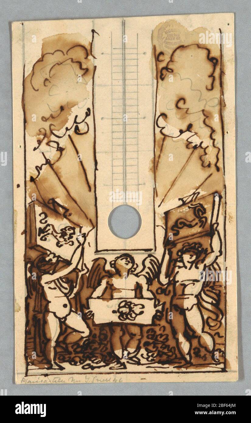 Thermomètre. Échelle montrant un trou circulaire à la place de l'ampoule. Trois putti portent des comprimés, des signes de Zodiac, Lion, Cancer, Capricorne, respectivement. En arrière-plan, nuages et rayons. Verso : partie de l'arche avec les trois mêmes signes, esquissée en graphite. Banque D'Images