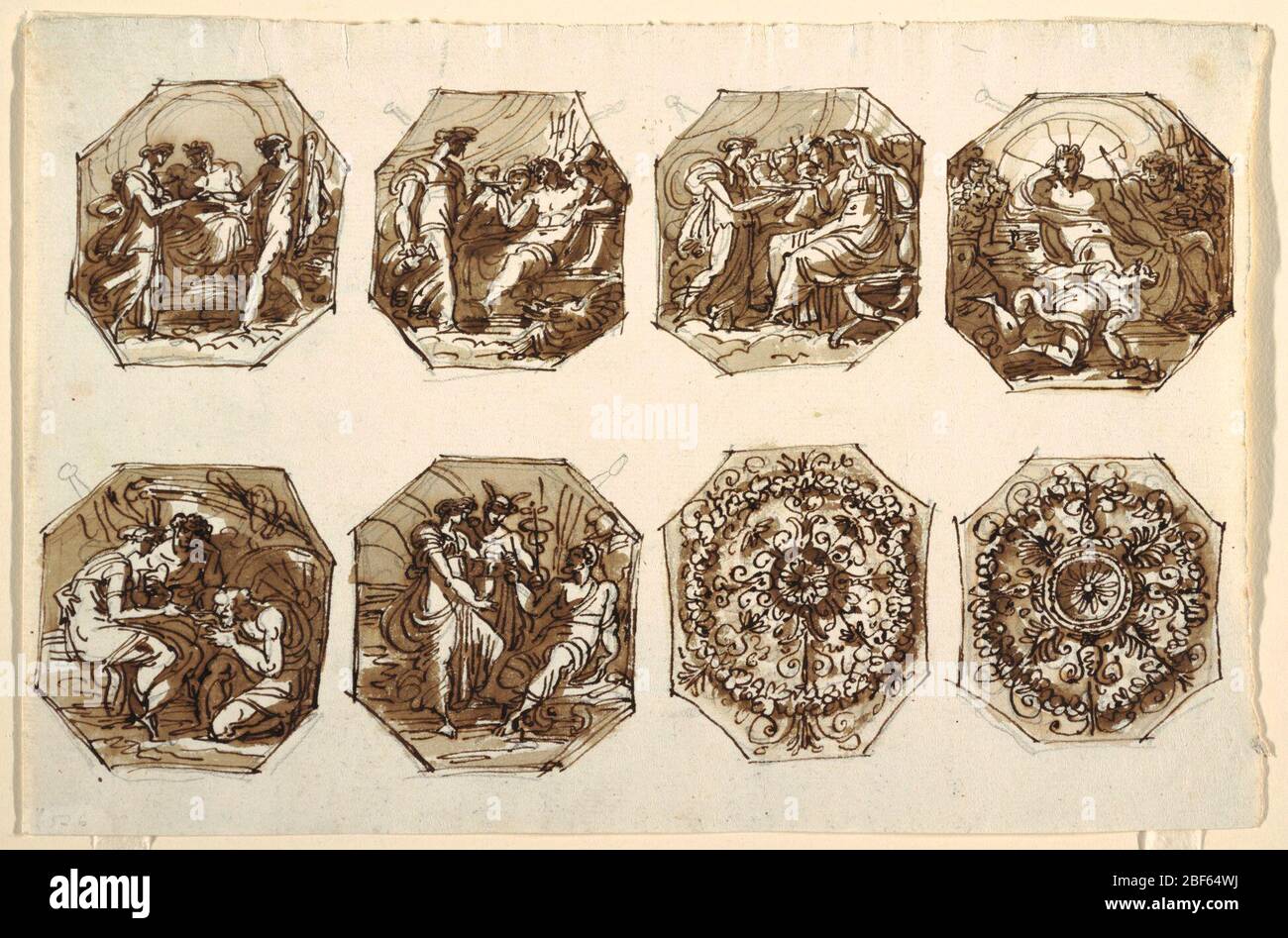 Six compositeurs octogonaux Hercules et Hebe deux ornements foliaires Sala di Ercole e Ebe Palazzo Gessi. Six octogeons montrant Hercules et Hebe: 1) mariage de Hebe et Hercules; leurs mains droites se sont jointes comme elles se tiennent devant Jupiter. 2) Hebe offre nectar à Jupiter et approche les dieux assis. 3) Hebe offre le nectar à Juno, assis à droite, devant les déesses. Banque D'Images