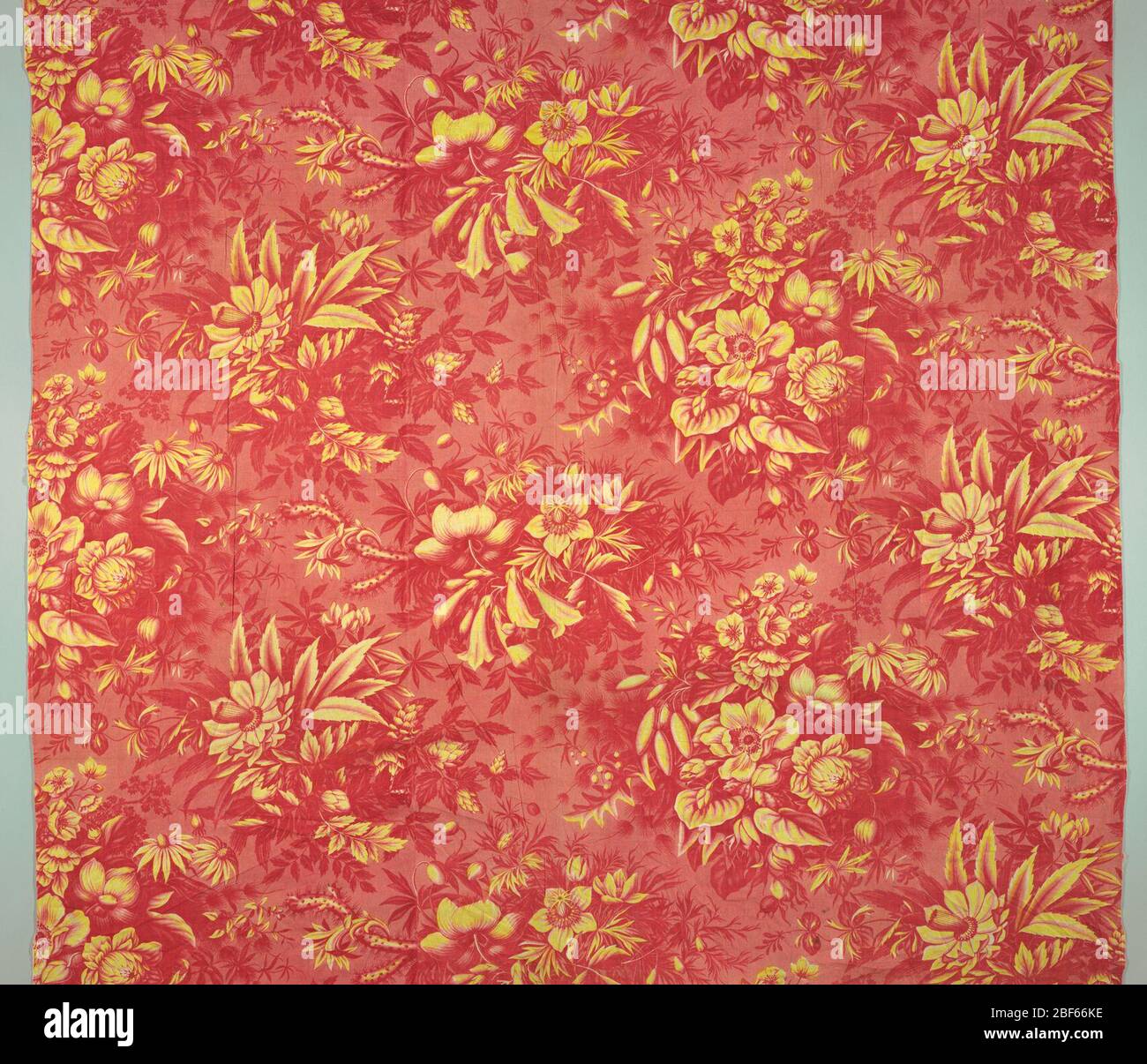 Textile. Fleurs et plantes de cactus en rouge et jaune. Banque D'Images