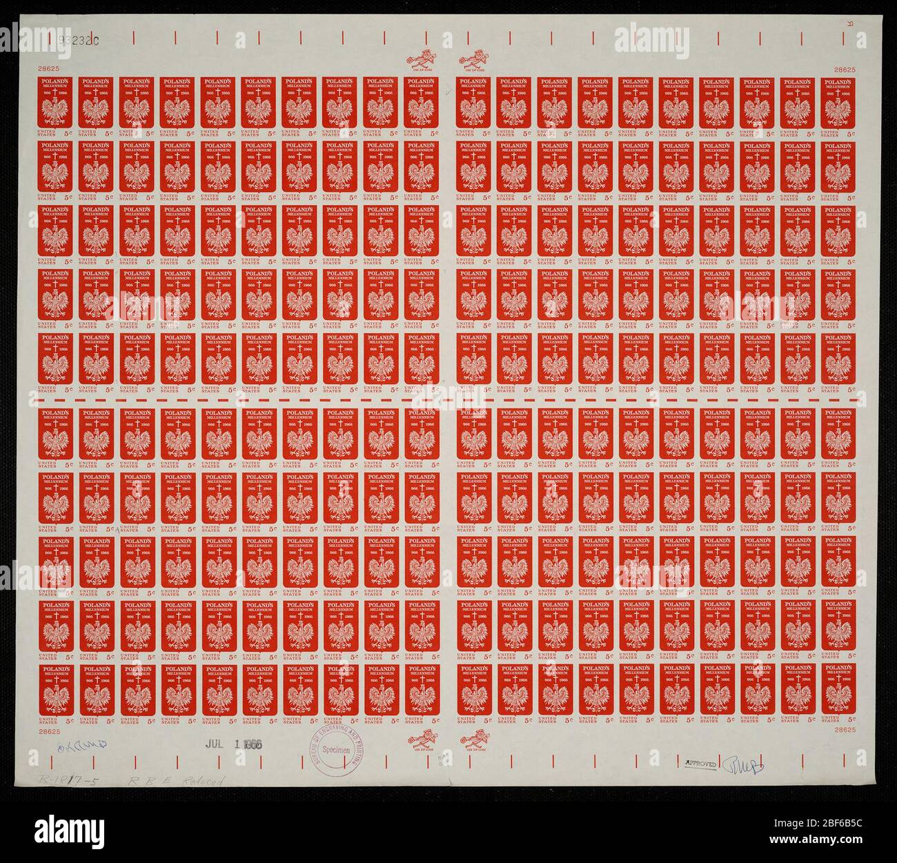 5 c résistant aux plaques Millenium polonaises. Les épreuves certifiées de plaque sont la dernière preuve imprimée de la plaque avant d'imprimer les timbres au Bureau de l'gravure et de l'impression. Ces épreuves de plaque sont uniques, avec les signatures et la date d'approbation. Banque D'Images