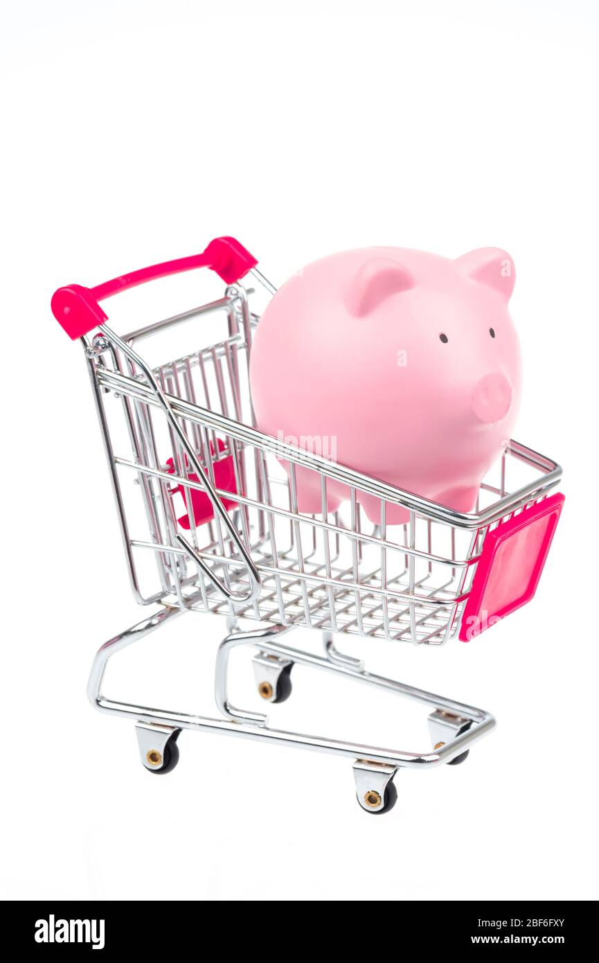 Petite banque de porc rose reposant dans un panier miniature sur fond blanc Banque D'Images