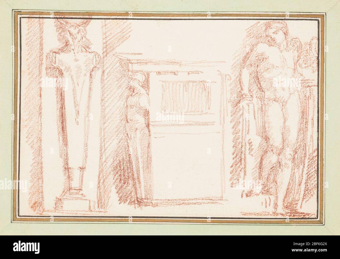Études avec la figure d'Apollo de l'école Raphels d'Athènes. Trois motifs indépendants. A droite, Apollo d'une niche dans le fond gauche de l'École d'Athènes, peint par Raphaël et son atelier. Au centre, une base avec un caryatide de soutien. À gauche, un herm avec une tête d'animal. Banque D'Images