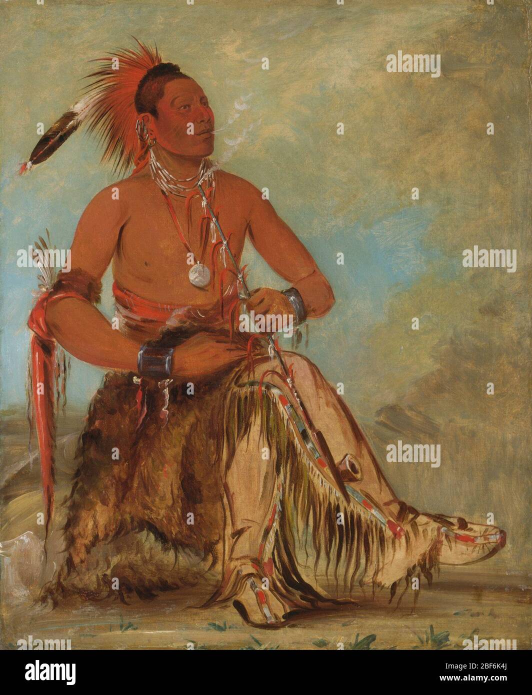 Nmbamonnee Double Walker A Brave. Omaha Brave Double Walker porte un peignoir de buffle et des leggings à franges avec des verrous de cuir chevelu. Ses cheveux sont habillés d'un cafard de poils d'animaux raides teints de vermilion et décorés d'une seule plume qui peut indiquer qu'il était un guerrier. Banque D'Images