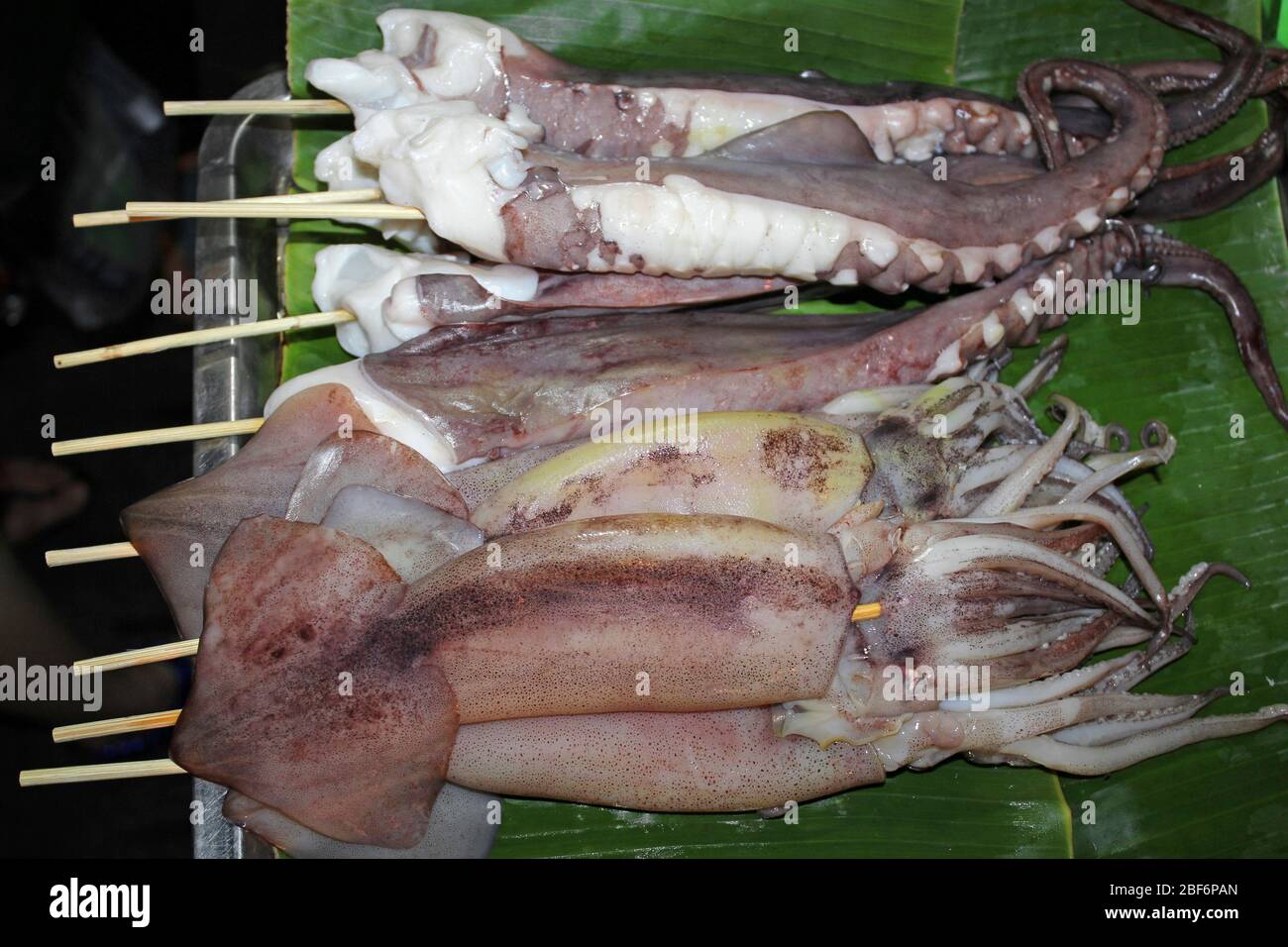 Squid frais (Squid indien - Logo duvauceli) tentacules sur brochettes prêtes à être grillé au marché nocturne de Hua Hin, Thaïlande Banque D'Images