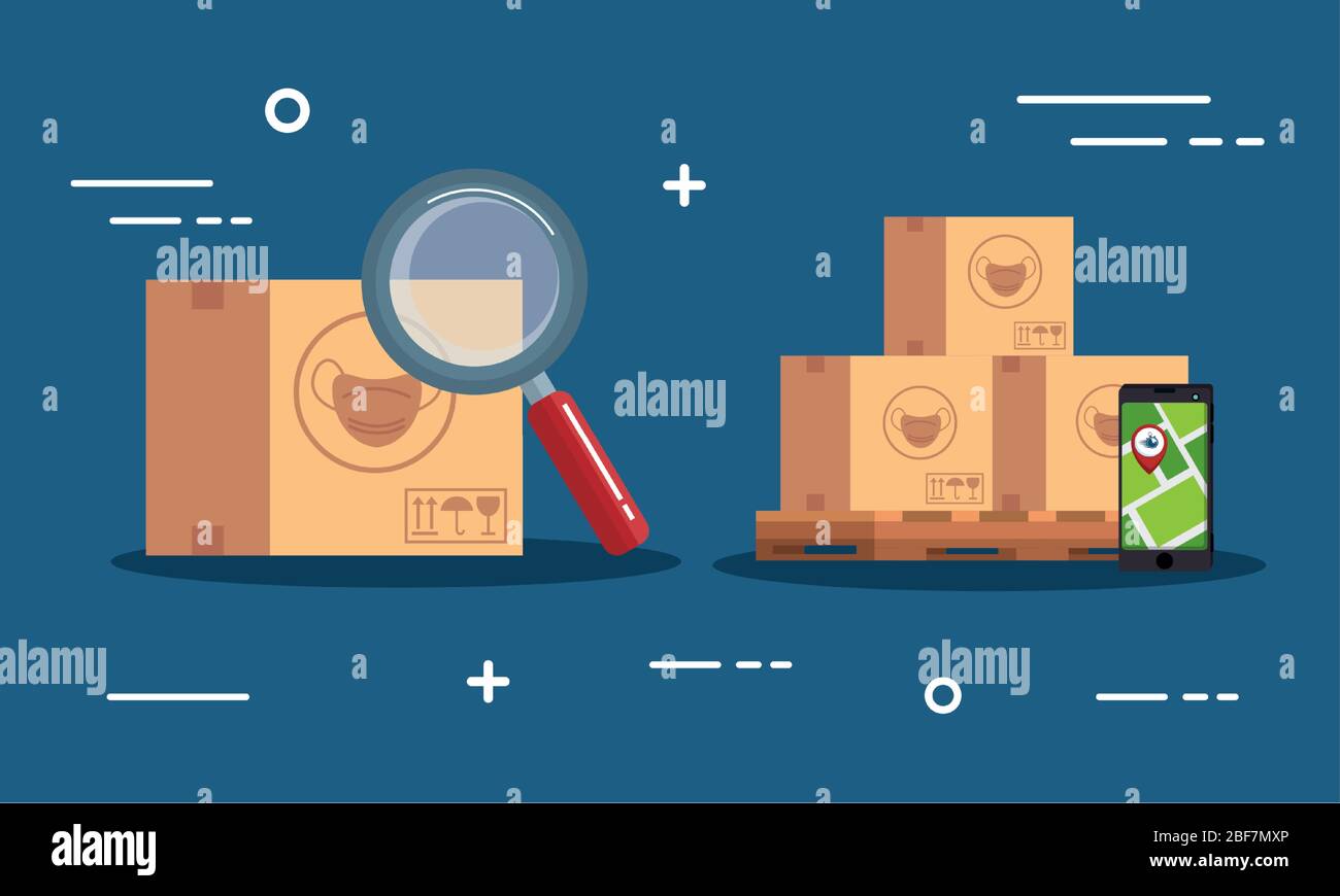 définissez la bannière des boîtes avec des masques et des icônes Illustration de Vecteur