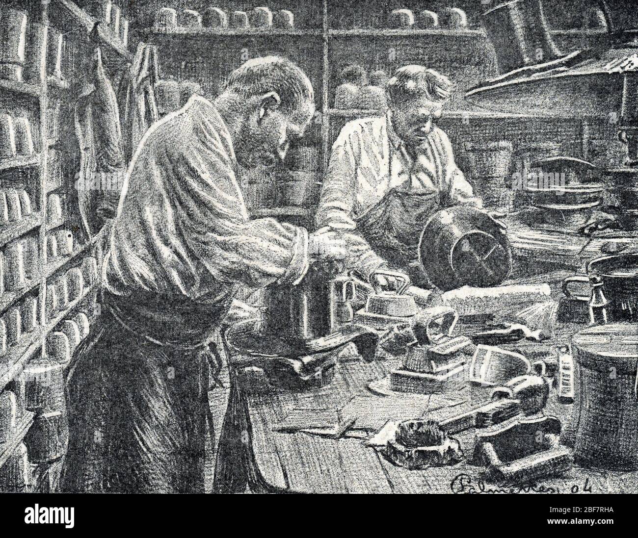 'Le lustrate des chapeaux de soie par les chapeliers' (Silk Top Hats fabricaY) Gravure tiree de 'excursion A travers les tierss' de Pierre Calmett Banque D'Images