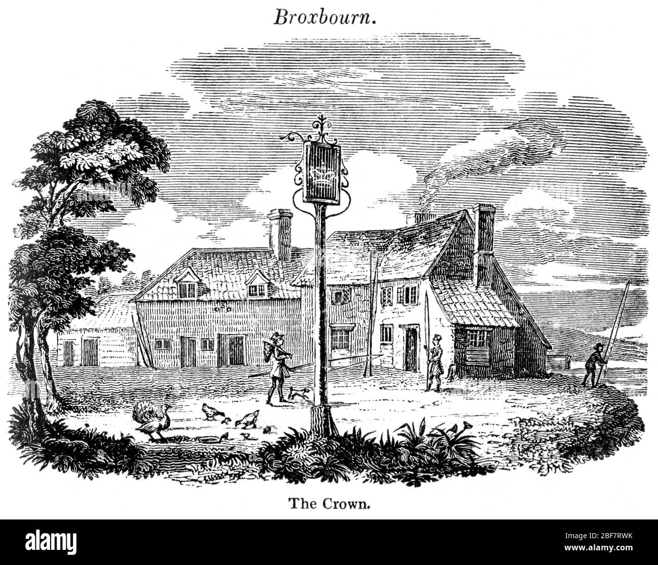Une gravure de la couronne de Broxbourn (Broxbourne) a été numérisée à haute résolution à partir d'un livre à la pêche imprimé en 1825. Cru libre de droits d'auteur. Banque D'Images