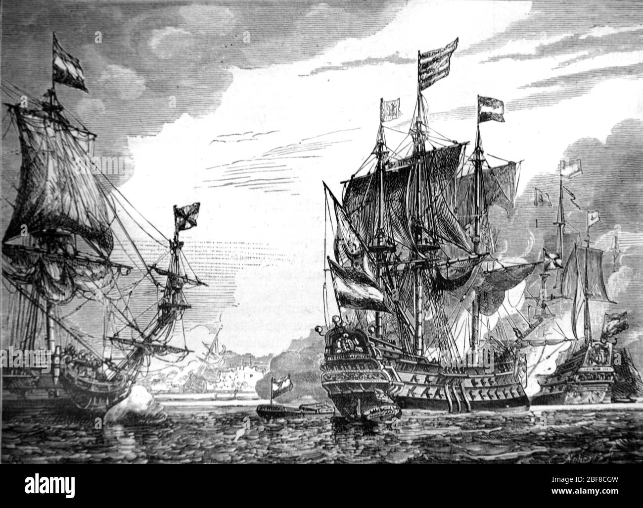 Bataille navale espagnole Armada contre la Marine royale britannique ou la flotte anglaise dans la Manche. L'Armada a corisqué 130 navires espagnols, qui font partie de la guerre anglo-espagnole (1585-1604) et de la guerre des années quatre-vingt. Vintage ou ancienne illustration ou gravure 1888 Banque D'Images