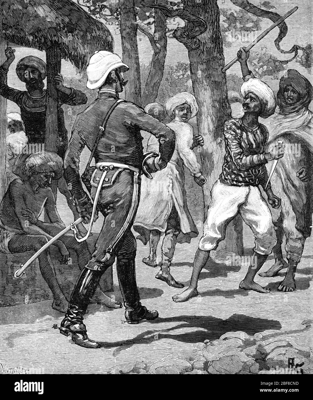 L'officier de l'armée britannique, le colonel O'Farrick, affronte les Indiens indiens en Inde britannique. Vintage ou ancienne illustration ou gravure 1889 Banque D'Images