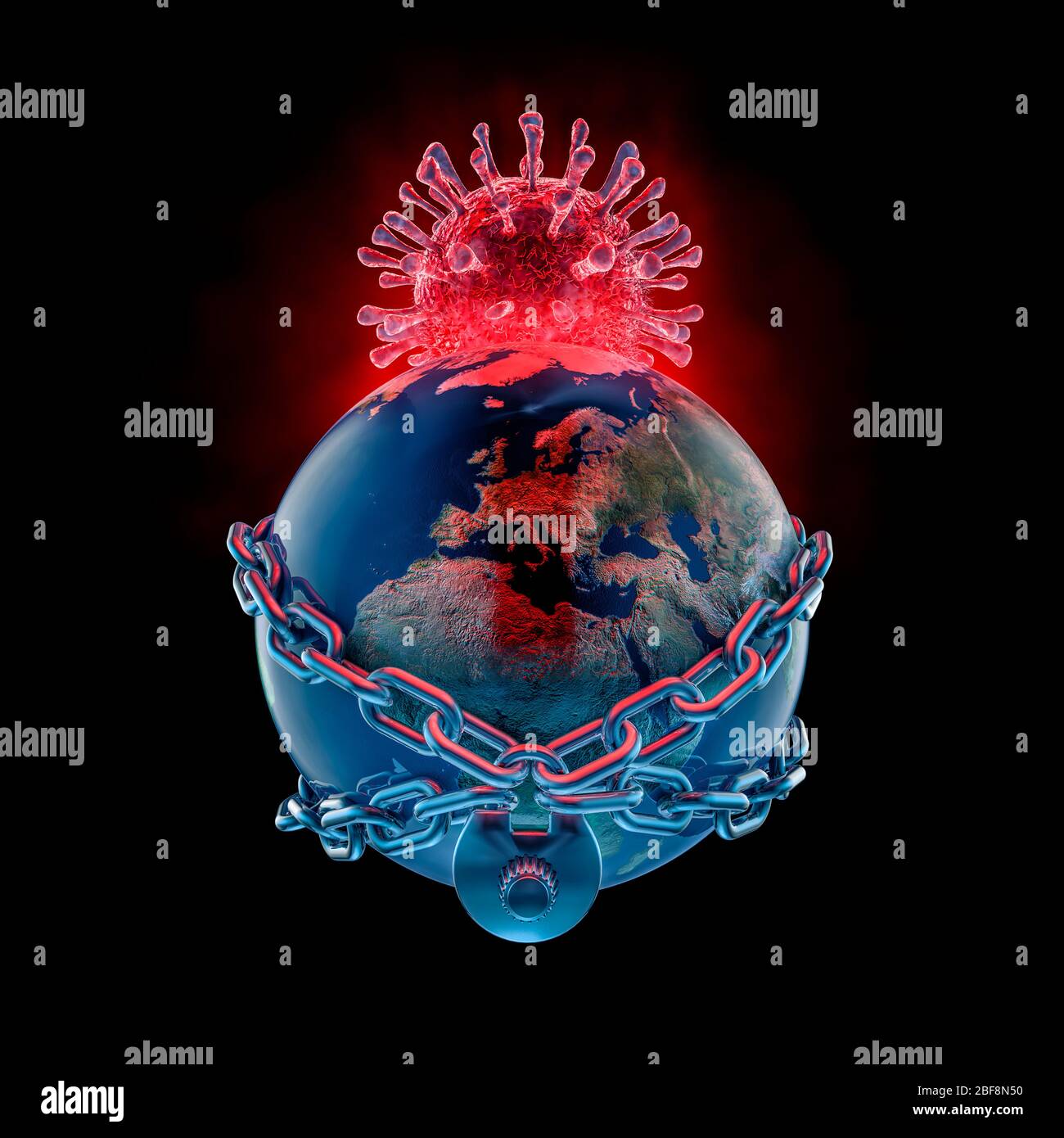 Covid-19 planète Terre sous verrouillage / illustration tridimensionnelle de l'auvent de cellules de coronavirus depuis l'arrière globe attaché avec serrure et chaîne Banque D'Images