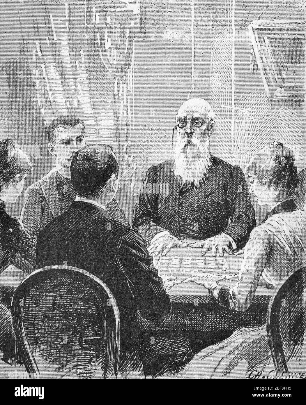 Spiritisme : la chaine magnétique, les participants renonce à une chaine en se touchant le petit doigt dans le but d'invoquer des esprits vers 1870 (vie Banque D'Images