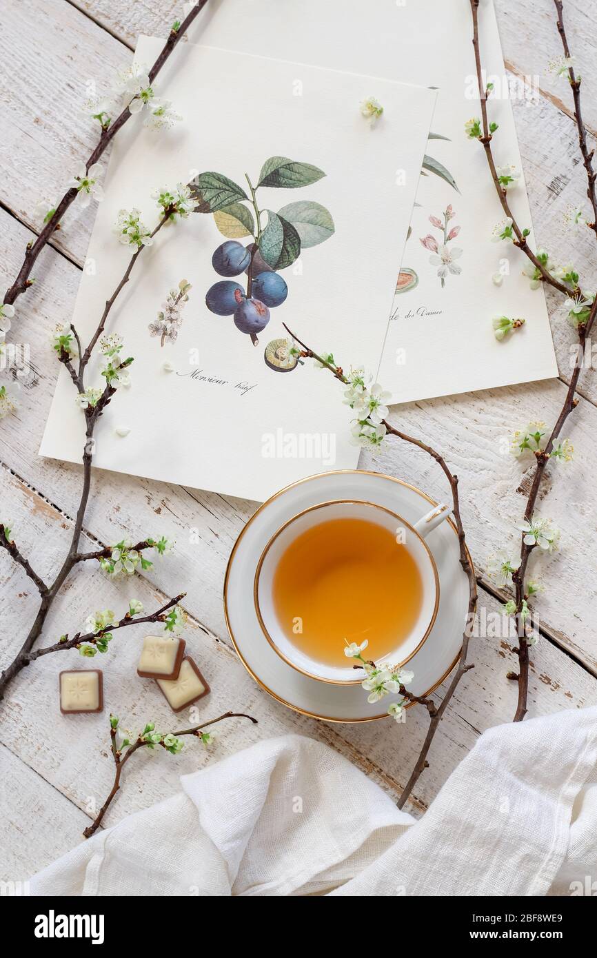 Plat à ressort brillant avec une tasse de thé, quelques imprimés et branches fleuris de prune Banque D'Images
