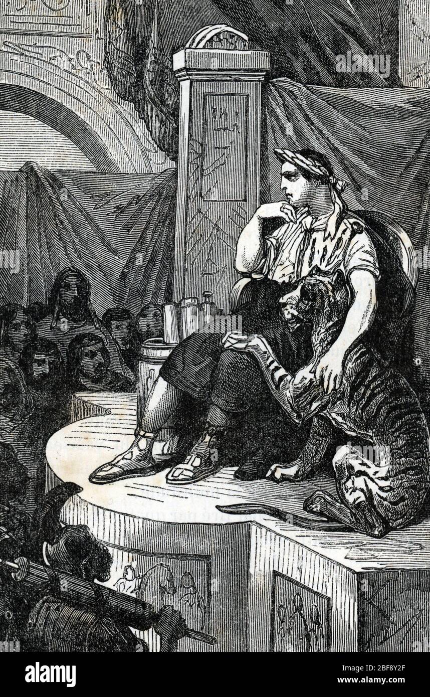 Antiquite romaine : représentation de Neron (37-68 apres JC) avec une tigresse en domestique animale (Rome antique : empereur Nero avec son tigre) Gravu Banque D'Images