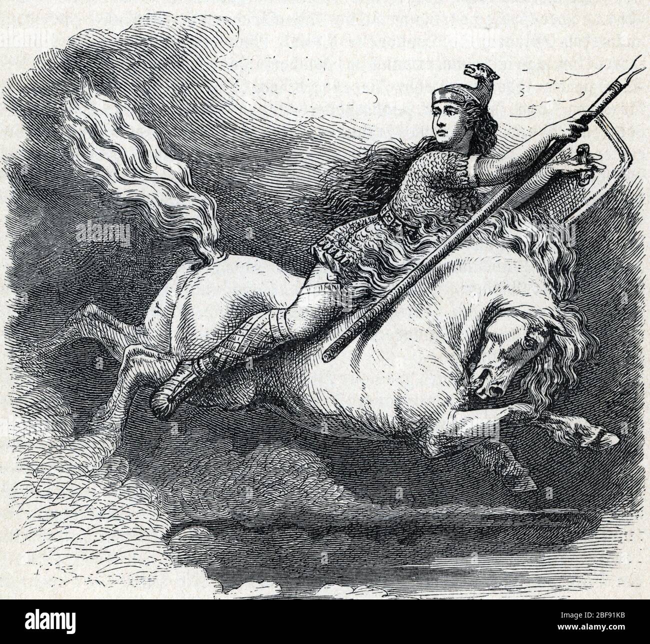 Mythologie nordique : Représentation de Hildr une des valkyries (Norse mythologie : Hildr une des valkyries) Gravure tiree de 'Nordisch-germanische Banque D'Images