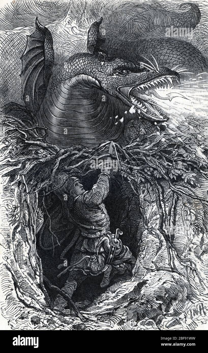 Mythologie nordique : Sigurd (Siegfried) persnage de la Volsunga saga tuant Fafner (Fafnir) (mythologie norsse : Sigurd tue Fraenir (Fafnir) dans le Banque D'Images