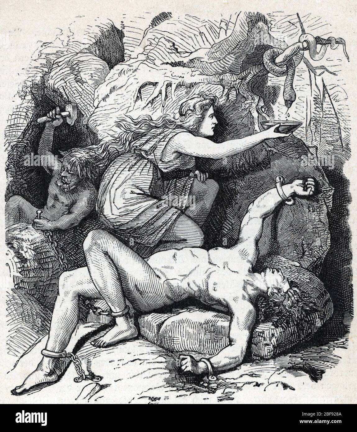 Mythologie nordique : le supplice de Loki enchâine avec un serpent au dessus du dessus de son visage (mythologie norse : la punition de Loki) Gravure tiree de Banque D'Images