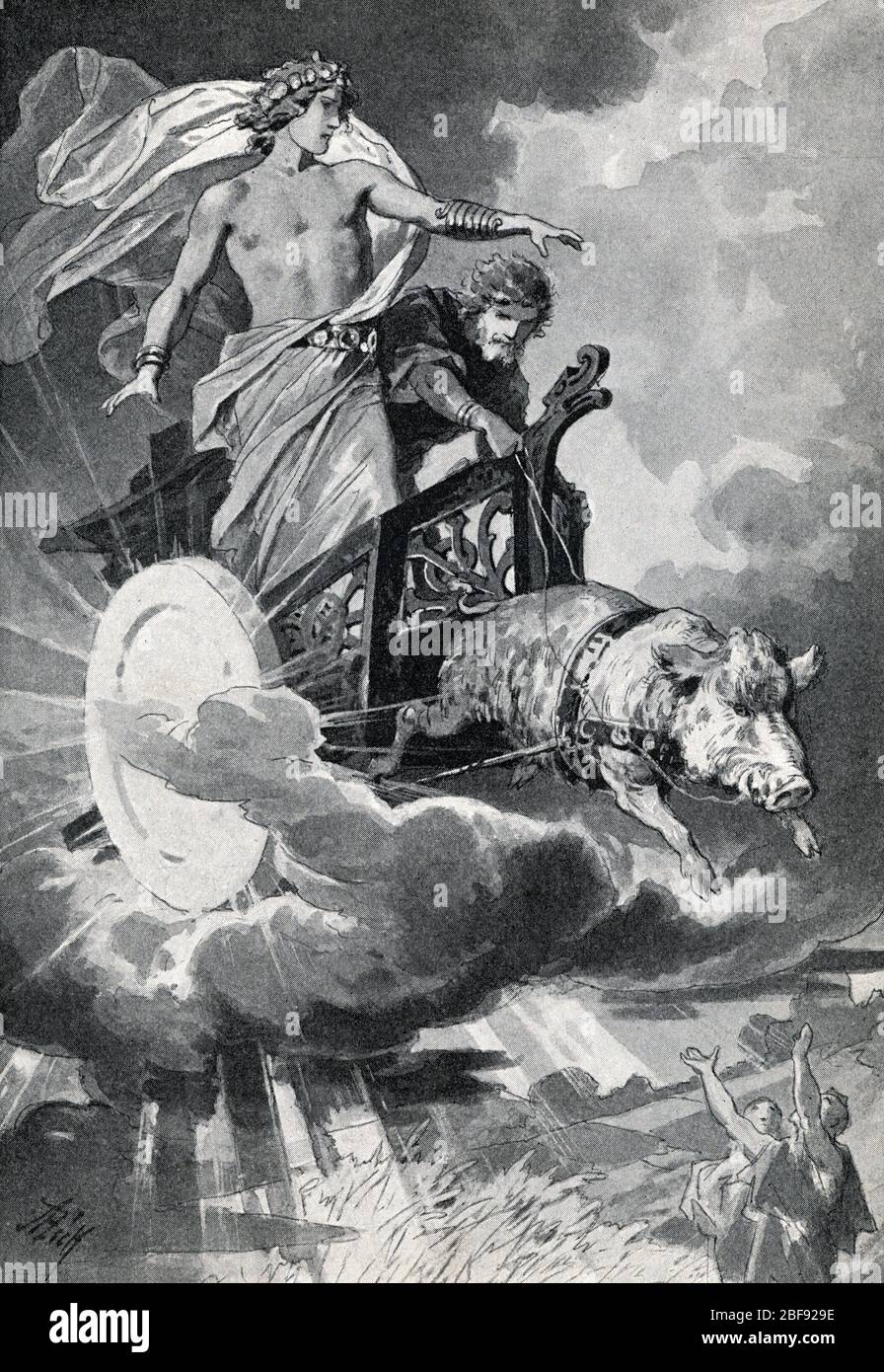 Mythologie nordique : le geant Skrymir et le dieu Freyr et son fils sanglier Gullinbursti (mythologie norse : le géant Skrymir et dieu Frey (Freyr) Gravur Banque D'Images