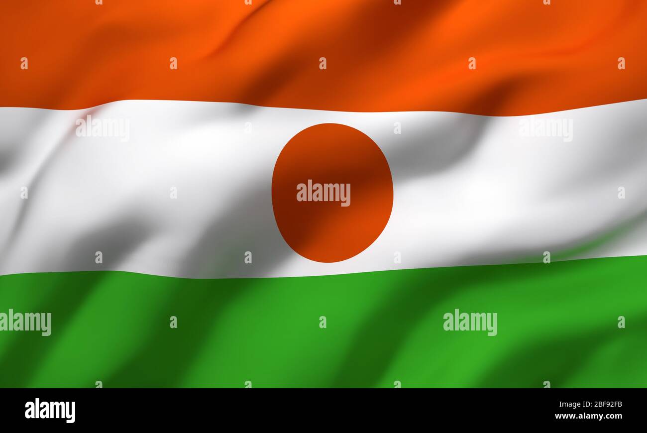 Drapeau du Niger soufflant dans le vent. Drapeau volant Nigérien pleine page. Illustration tridimensionnelle. Banque D'Images