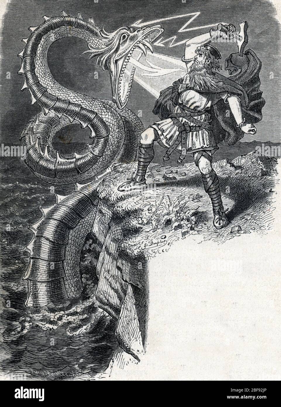 Mythologie nordique : le dieu Thor en train de combattre Jormungand (Midgardsorm), le serpent de mer (mythologie norse : Thor batterie du Midgard Ser Banque D'Images