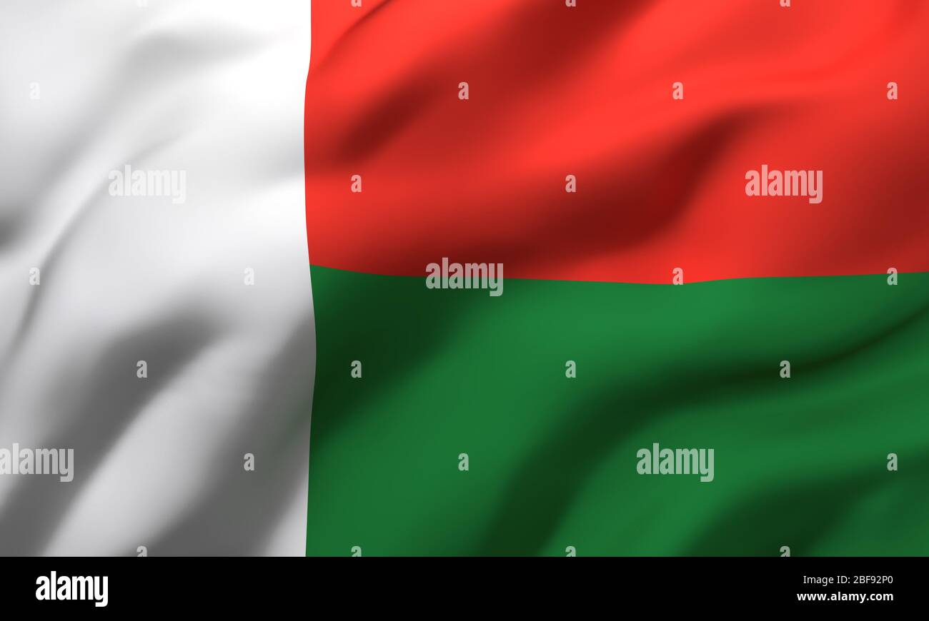 Drapeau de Madagascar soufflant dans le vent. Drapeau volant malgache pleine page. Illustration tridimensionnelle. Banque D'Images