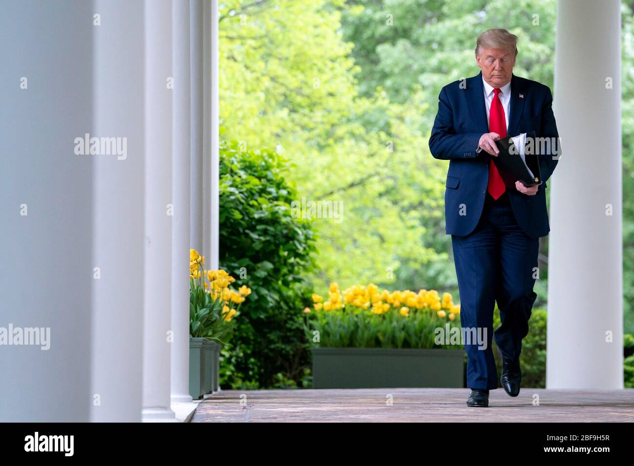 Le président américain Donald Trump, de l'Office ovale au quotidien COVID-19, séance d'information sur le coronavirus dans le jardin des roses de la Maison Blanche le 14 avril 2020 à Washington, DC. Banque D'Images