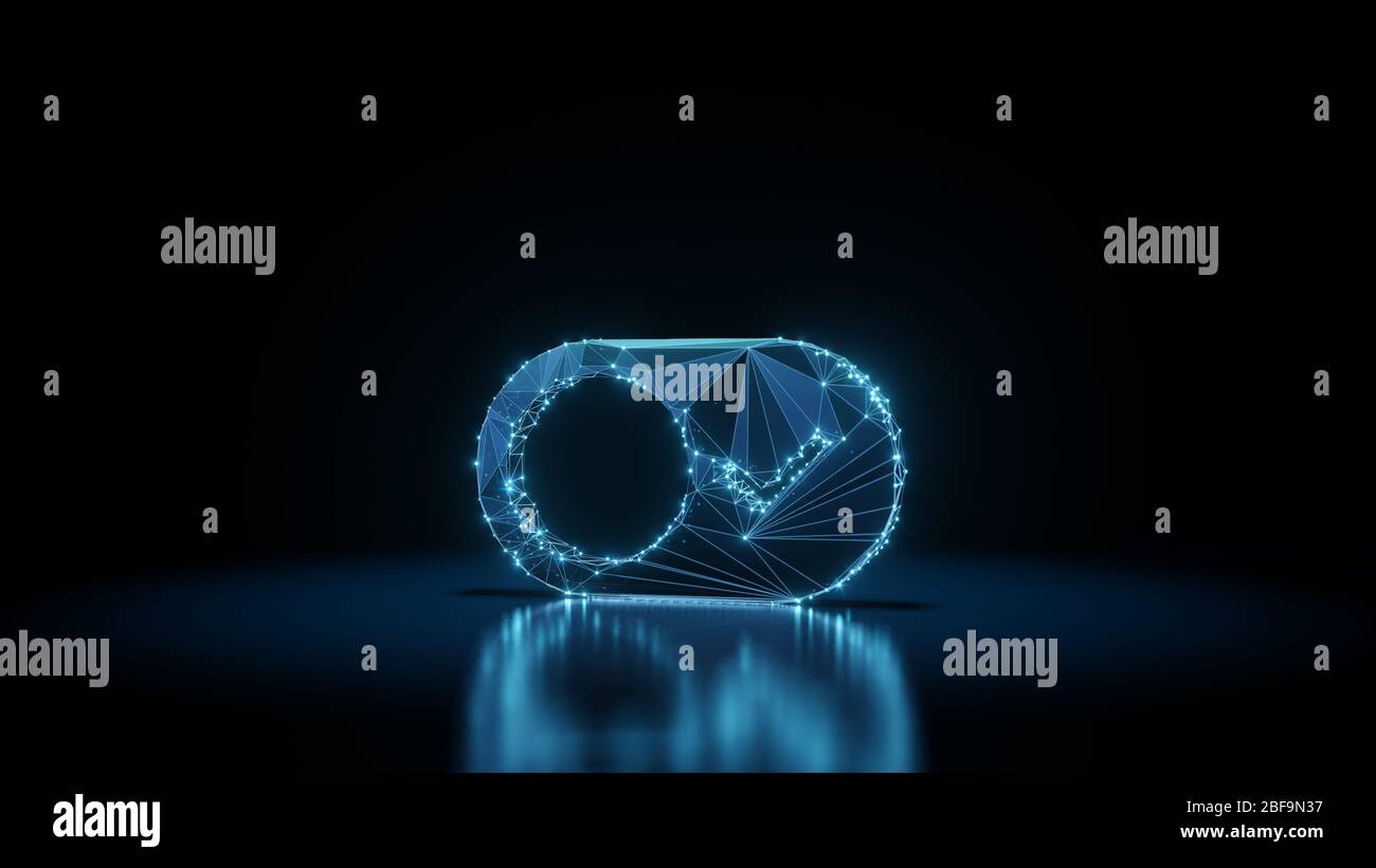 symbole de lumière au néon techno numérique filaire de rendu tridimensionnel du bouton de commutation avec coche avec points brillants sur fond noir avec réflectio brillant Banque D'Images