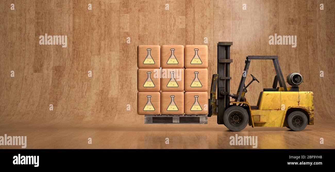 Chariot élévateur dans les boîtes de déplacement d'entrepôt avec icône chimique comme symbole pour le test contre un virus - illustration en relief Banque D'Images