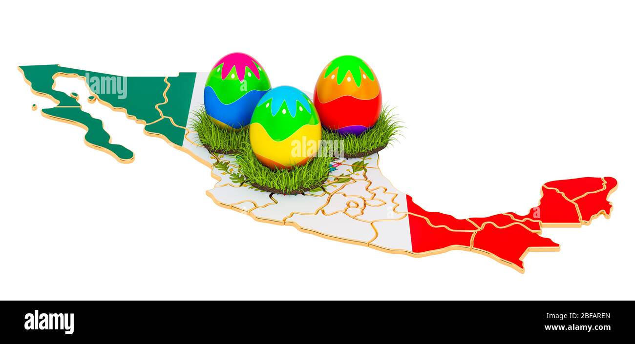 Vacances de Pâques au Mexique, oeufs de Pâques sur la carte mexicaine. Rendu 3D isolé sur fond blanc Banque D'Images