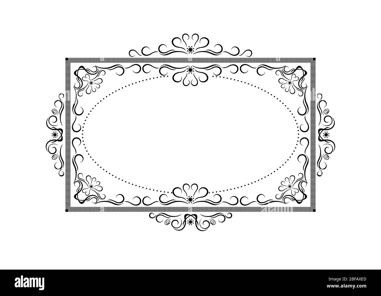 Cadre en forme rectangle noir de coups, avec un motif de calligraphie noir courbes et boucles sur un fond blanc Banque D'Images